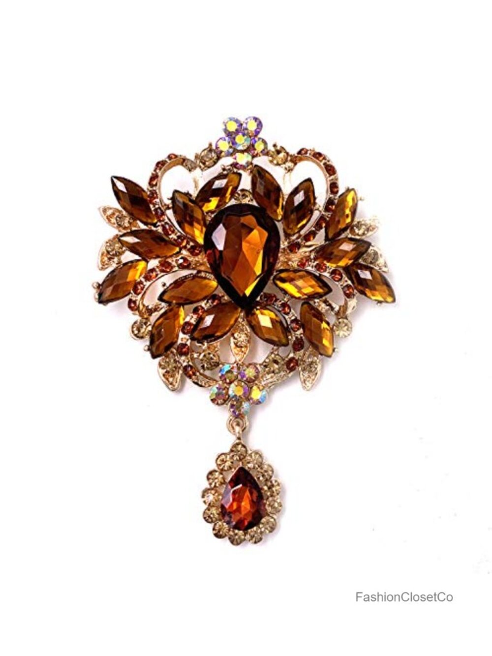 Golden Tone Brown Crystal Rhinestone Wedding Bouquet Brooch Pin
